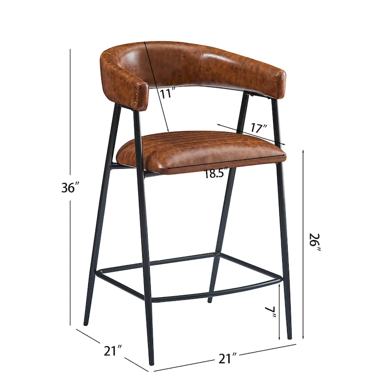 Roomfitters 26 PU Upholstered Counter Stools, Set of 2 Bar Height Chairs with Iron Frame, Backrest, Footrest and Arms, Brown