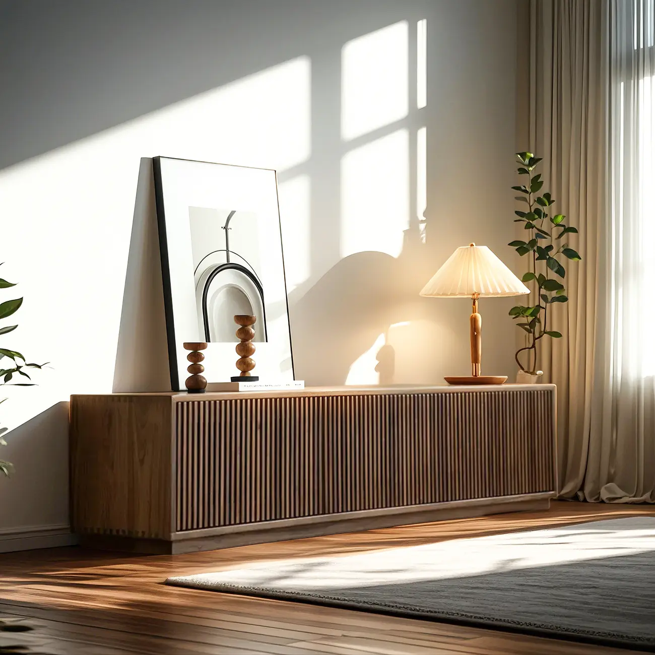 Contemporary Rectangle Brown Fluted Wood Cabinet TV Stand