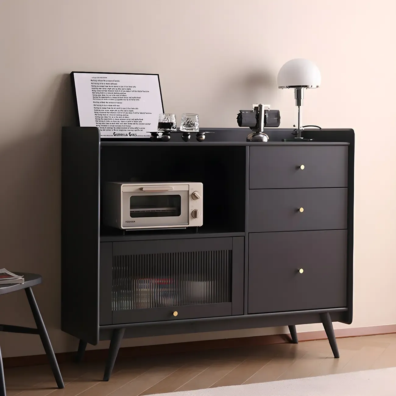 Modern 3 Drawer Buffet Table with Glass Doors in Black