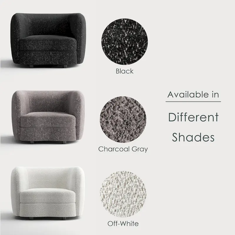 Modern Boucle Accent Chair with Curved Arms, Kidney Seat & Round Wood Legs