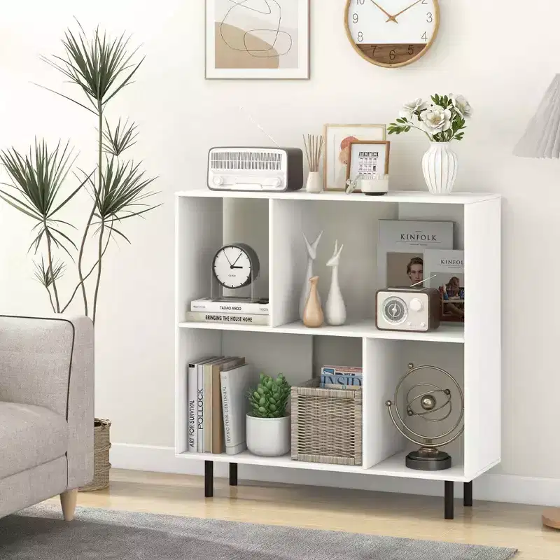 Black/Natural/White Mid-Century Modern 4-Cube Open Bookshelf, Single
