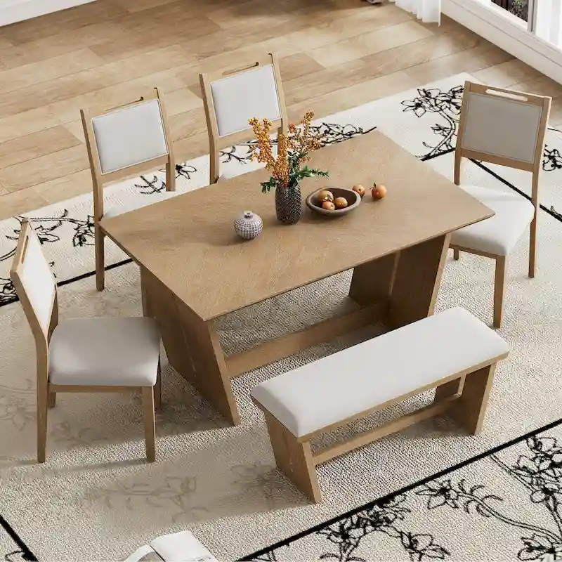 6 Pcs Dining Table Set, Wood Dining Kitchen Table and Chairs Set with Rectangular Table, 4 Upholstered Chairs and 1 Bench