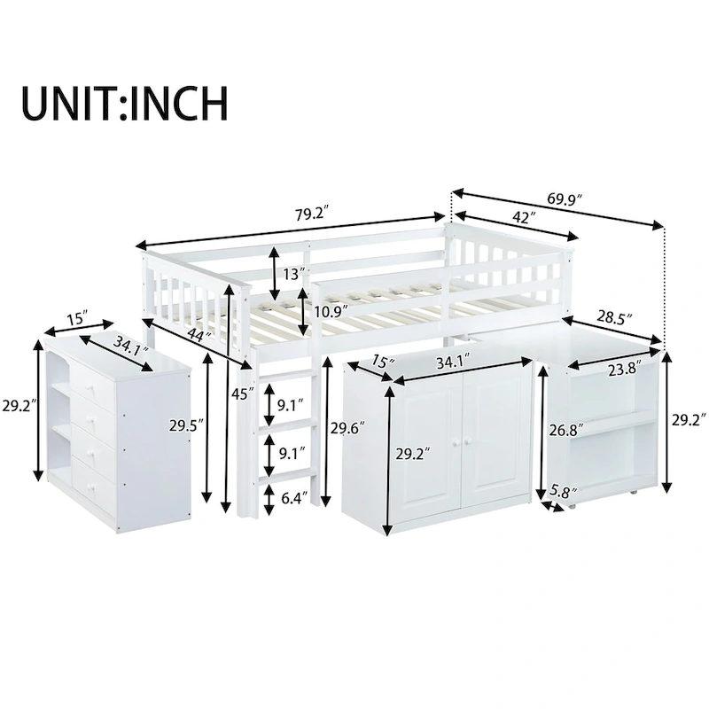 Twin Loft Bed with Pull-Out Desk, 2 Cabinets, 4 Drawers & Shelves