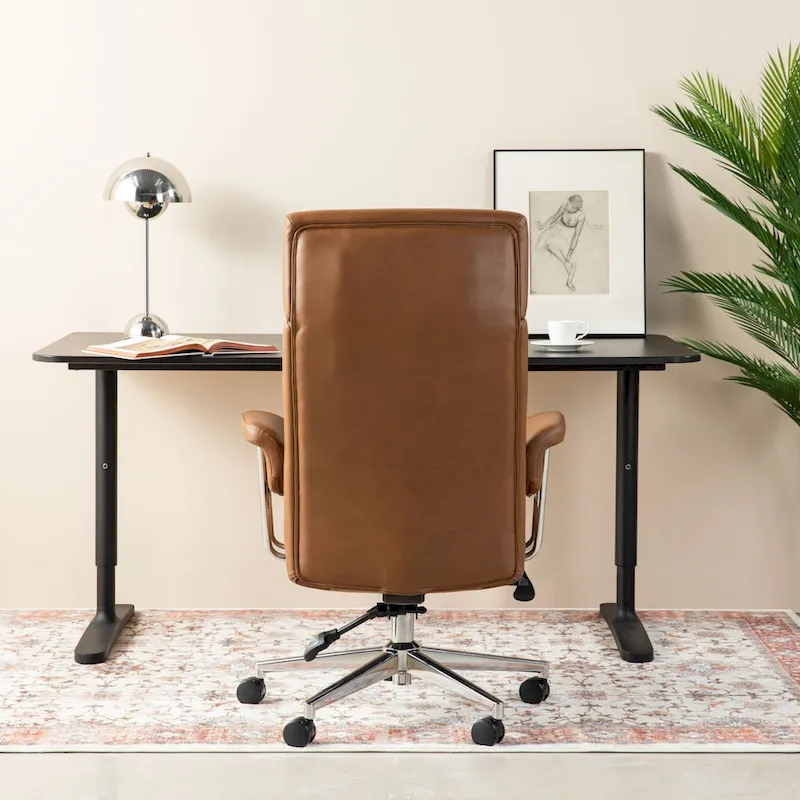 Glitzhome Mid-Century Modern Brown Leatherette Gaslift Adjustable Swivel High Back Office Chair with Armrest