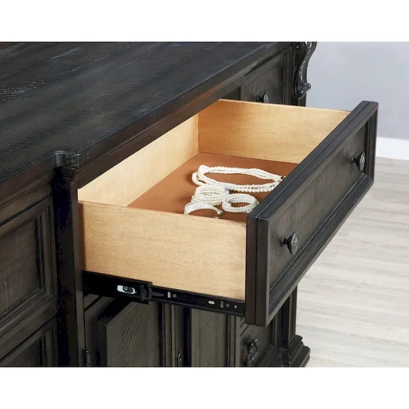 Distressed Dark Walnut Wood Panel Bedroom Set - 5 Pieces