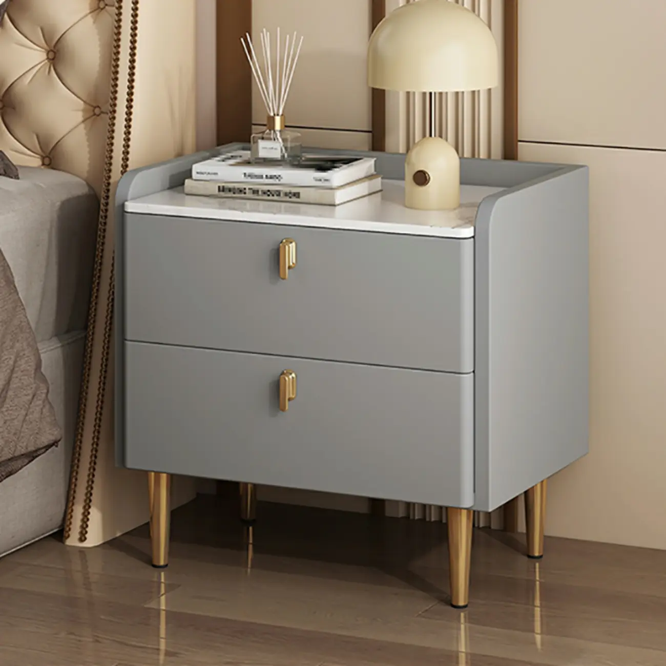 Modern Leather Stone Top Gold Accents 2-Drawer Nightstand