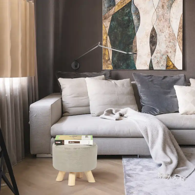 Adeco Modern Round Ottoman Home Footrest Stool/ Linen Fabric Seat Pouf