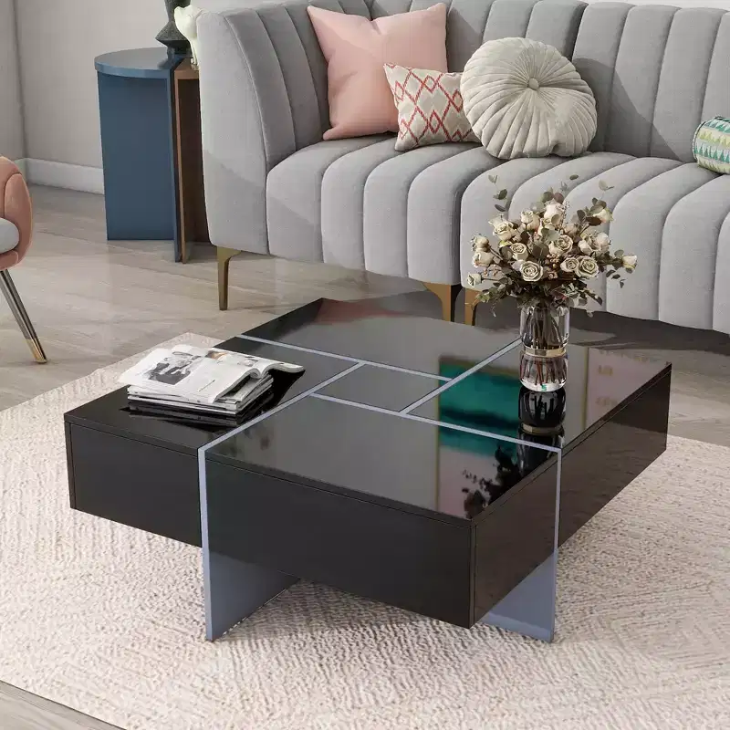 31.5in Square Coffee Table with 4 Hidden Storage Compartments, Cocktail Table with Extendable Sliding Tabletop, Center Table for Living Room