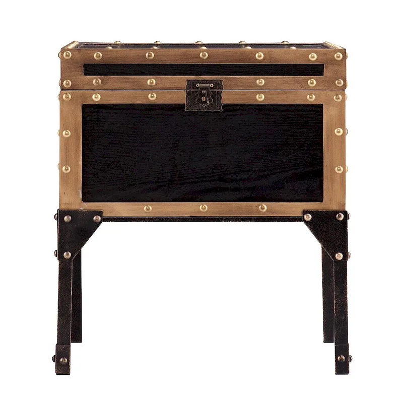 Trunk-Style Side Table with Storage – Antique Black / Bronze, MDF, Single