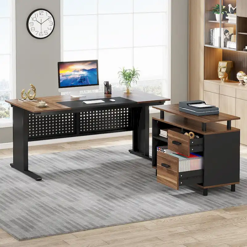 Executive Desk, Large Computer Desk with File Cabinet