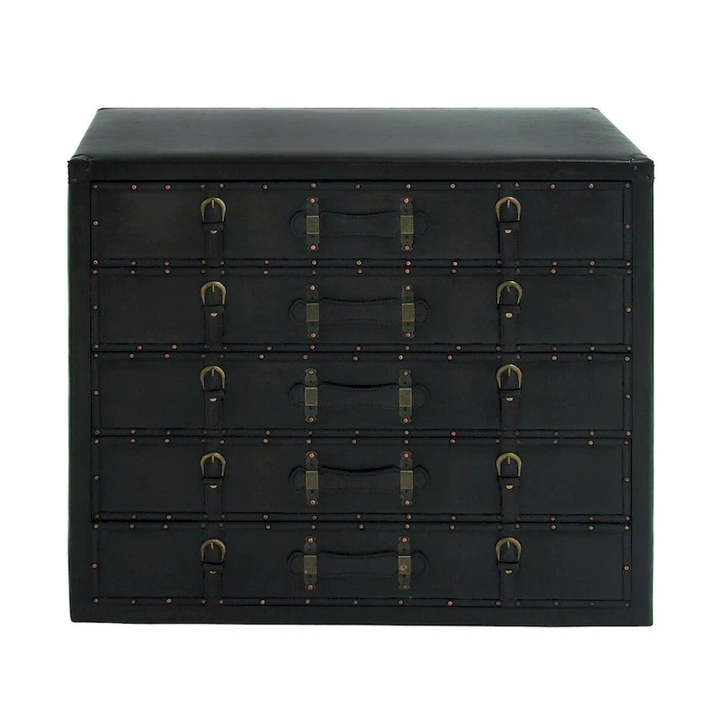 Wooden Vintage Faux Leather Room Chest with Buckles and Straps Detailing - Black - Roche River Decor