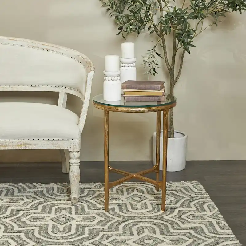 Aluminum Metal Textured Side End Accent Table with Glass Tabletop - Gold or Silver