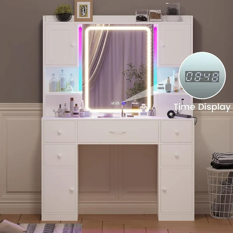 5 Drawers Vanity Desk Touch Screen Mirror Time Display Makeup Vanity
