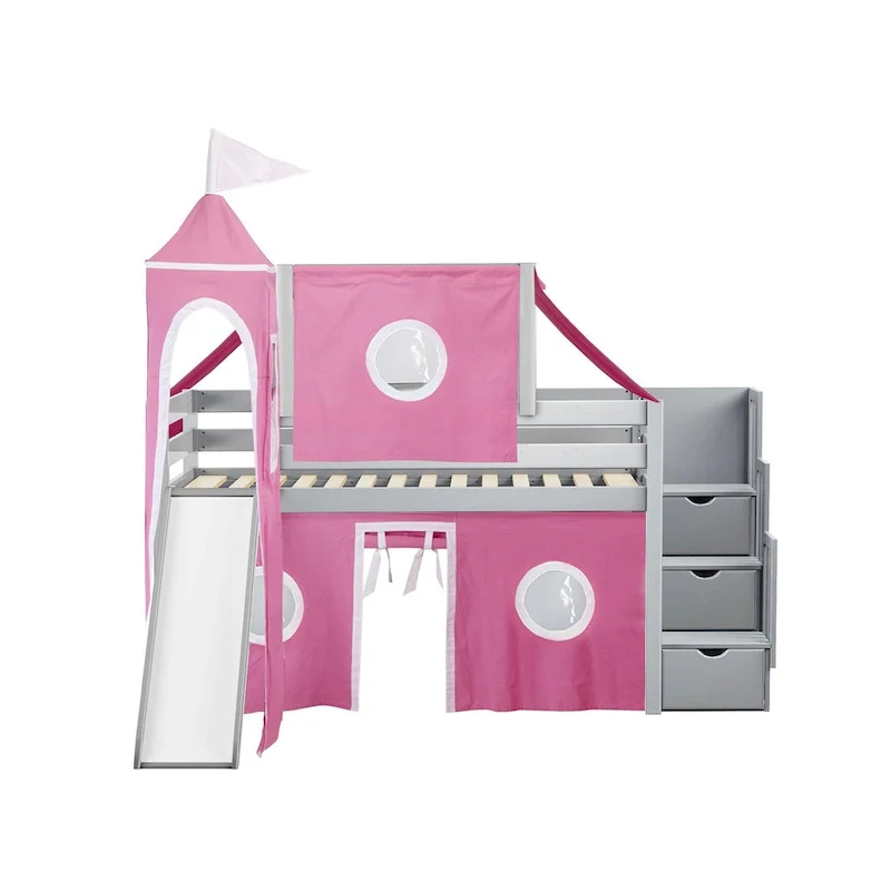 JACKPOT Prince & Princess Low Loft Twin Bed, Stairs Slide Tent & Tower