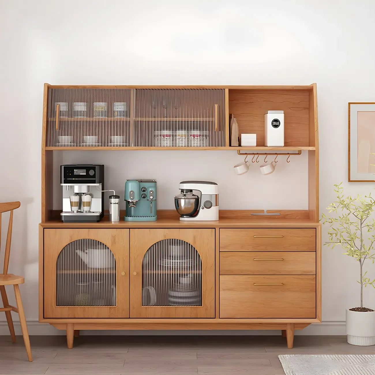 Cherry Wood Storage Hutch Cabinet with Glass Doors
