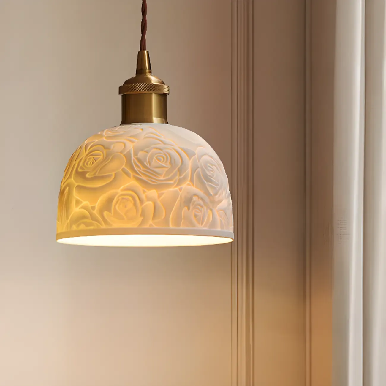 Elegant Brass Rose Ceramics Dome Pendant Light