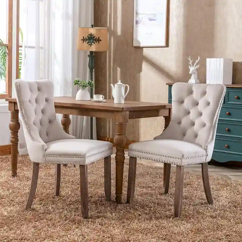 Dining Chairs Set of 2, Upholstered Accent Chair Button Tufted Armless Chair with Back Ring Pull and Nailhead Trim