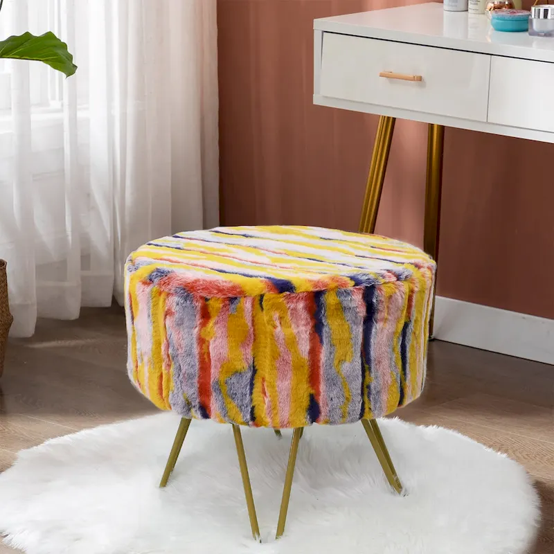 Home Soft Things Multi Jacquard Fauxfur Round Ottoman