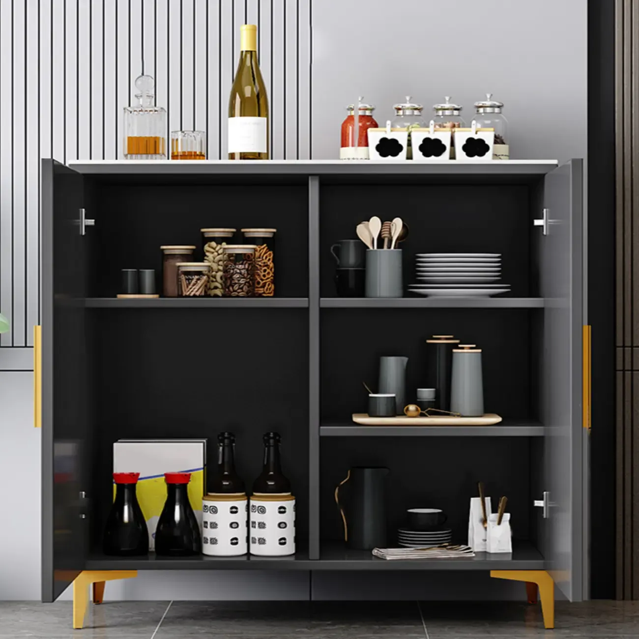 Glam Grey Wooden Sideboard with Cabinets