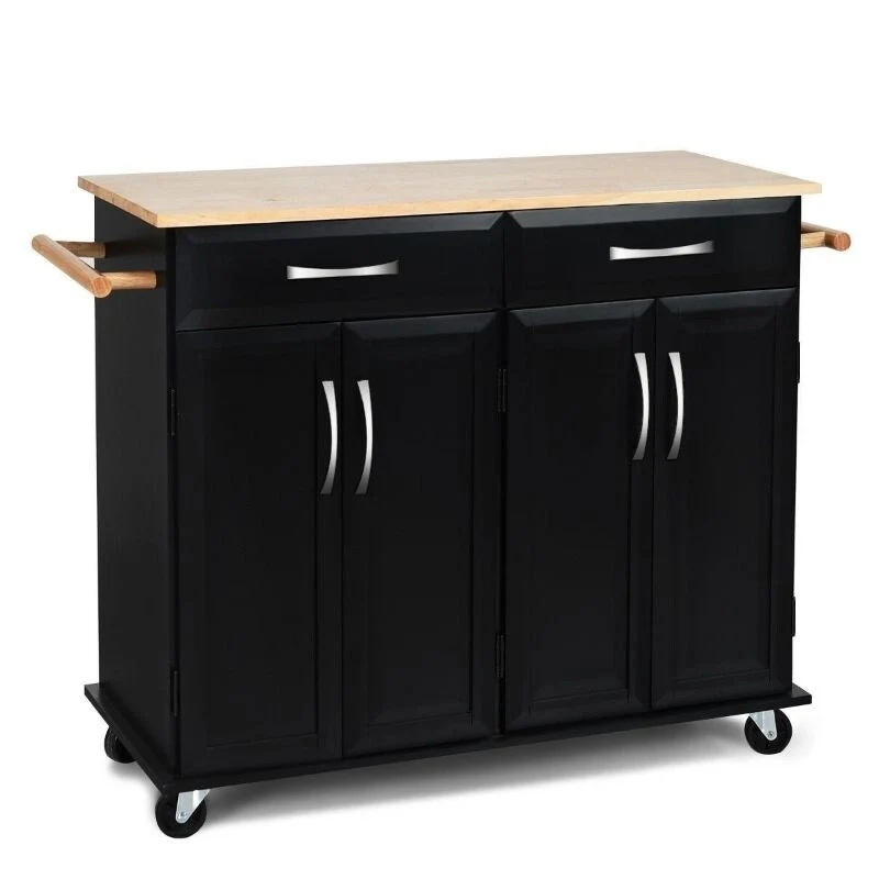 Black Kitchen Island Storage Cabinet Cart with Wood Top and Wheels - 48.5 x 18.5 x 36.5 (L x W x H)