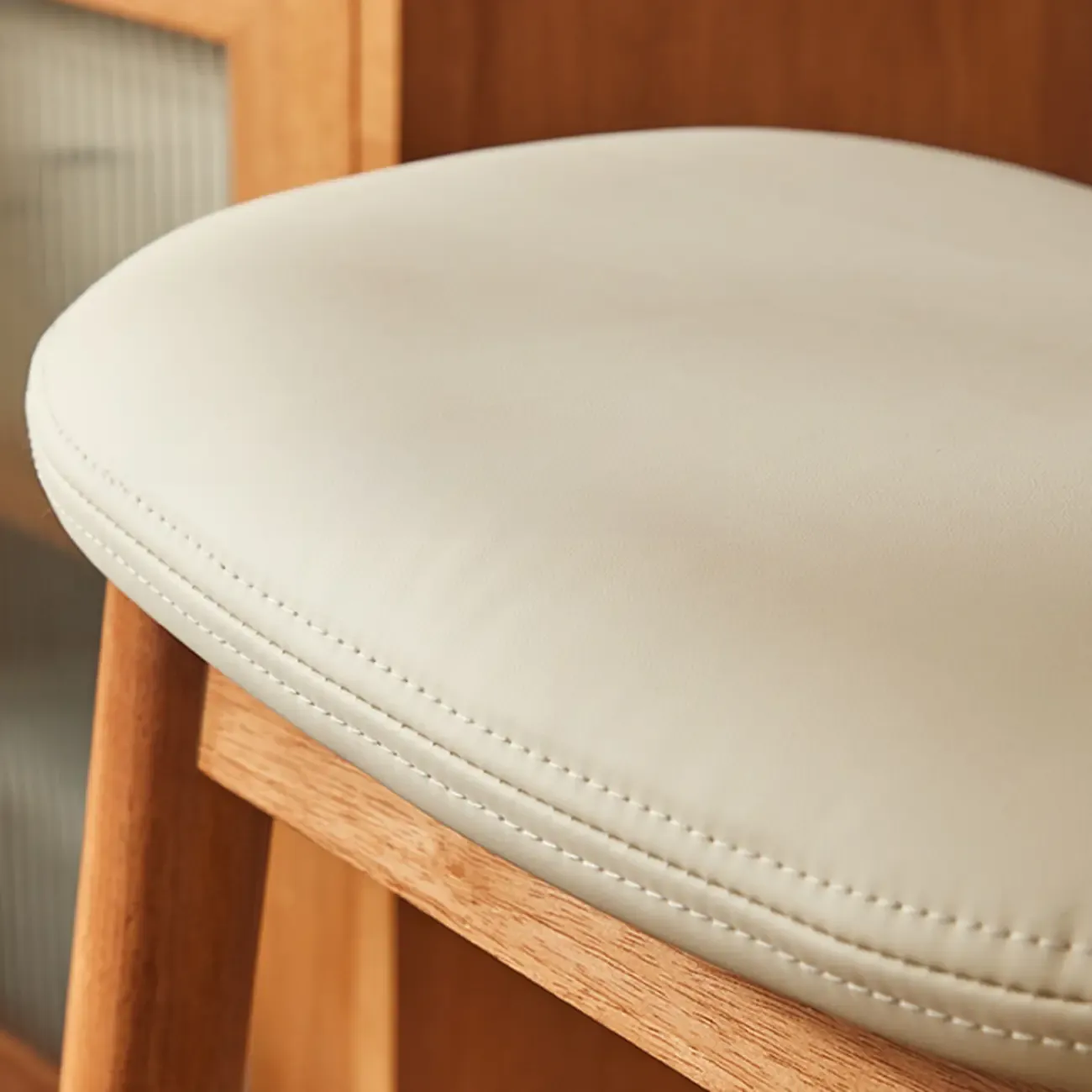 Brown Saddle Leather Seat Wooden Backless Bar Stools