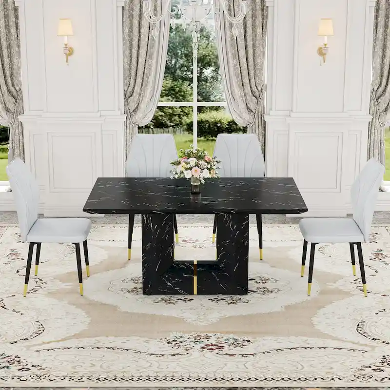 Black Marble Pattern Dining Set - 5 Piece with 4 PU Chairs (63
