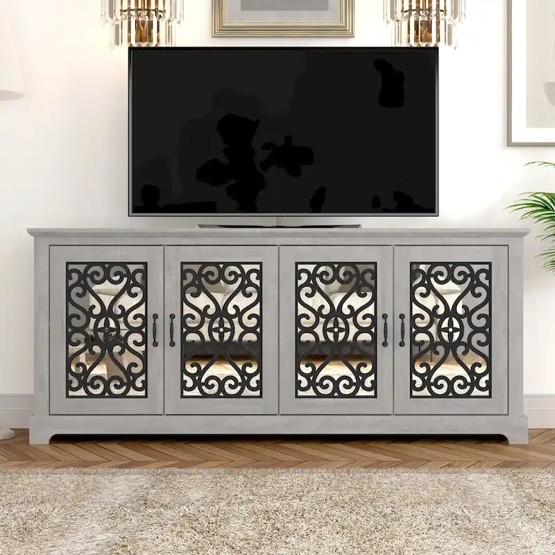 GALANO Calidia 68.2 in. Grey Stone 4-Door Wide TV Stand for TVs up to 75 in. - 68.2 L x 17.1 W x 29.3 H