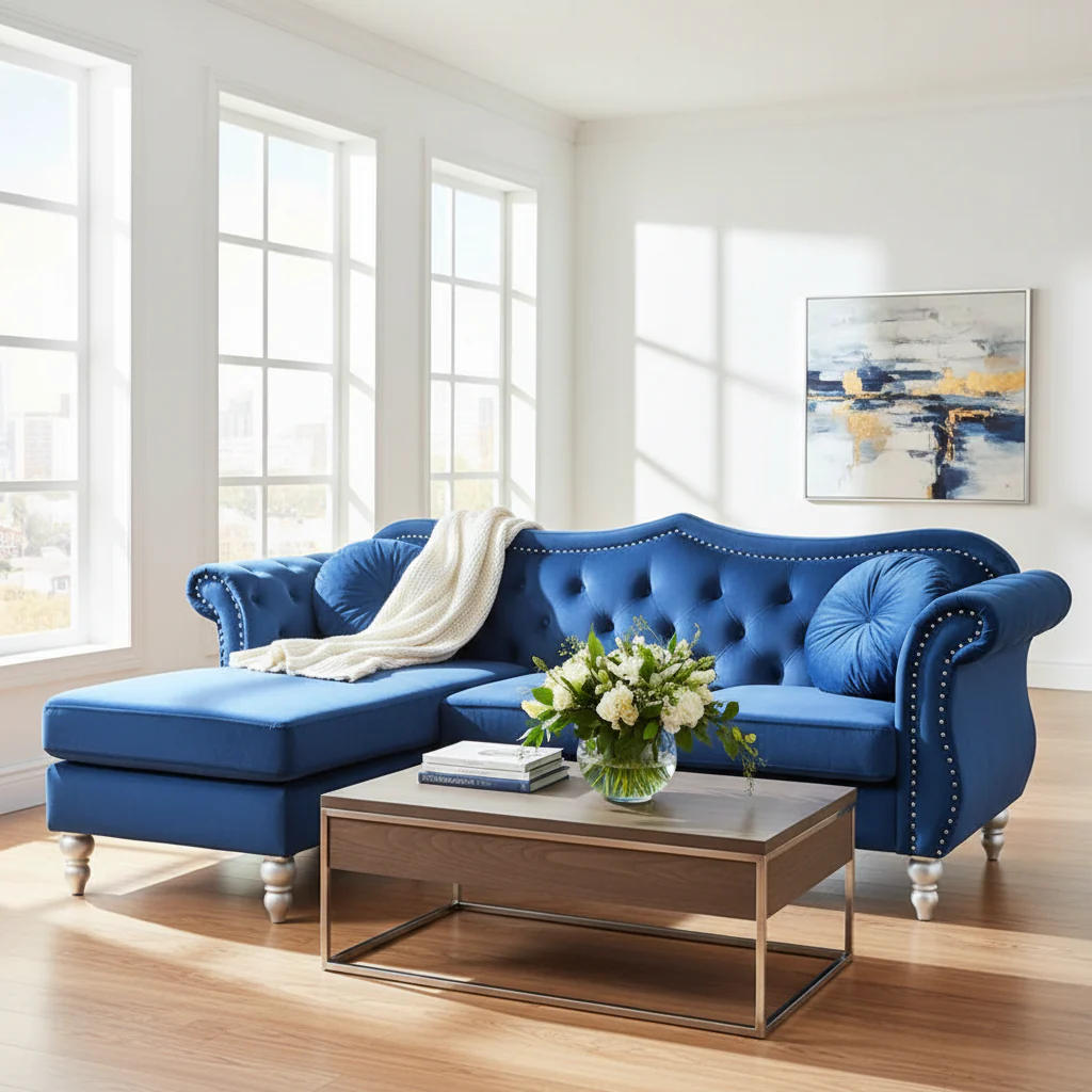 81 in. Velvet Chesterfield Sectional Sofa with 2-Throw Pillow - 81L x 35W x 34H