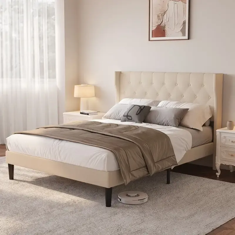 Modern Upholstered Platform Bed Frame, Velvet Bed Frame with Wingback Headboard