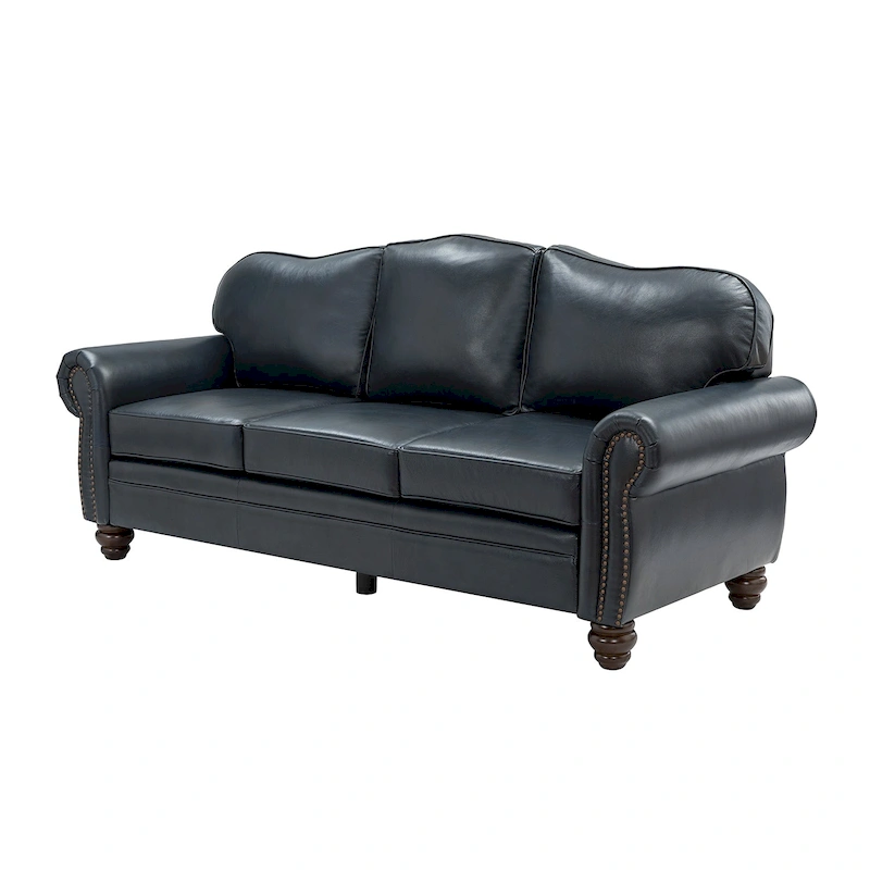 Balvino 81 Wide Transitional Genuine Leather Rolled Arm Sofa with Nailhead Trim and Removable Cushions