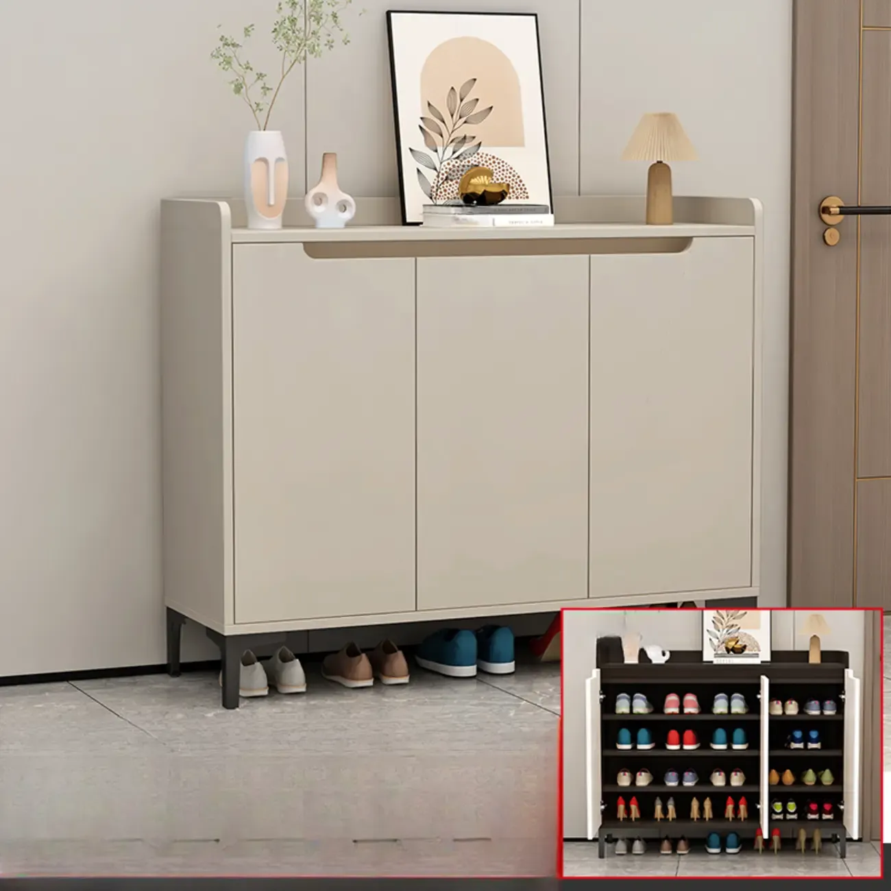 Sleek Milk Cocoa Wood Shoe Cabinet with Display Top