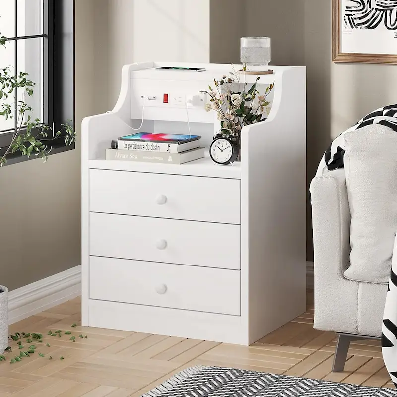 3-Drawer Nightstand with Built-in Charging Station and Open Shelf – White / Pink / Grey / Black, for 1 Person