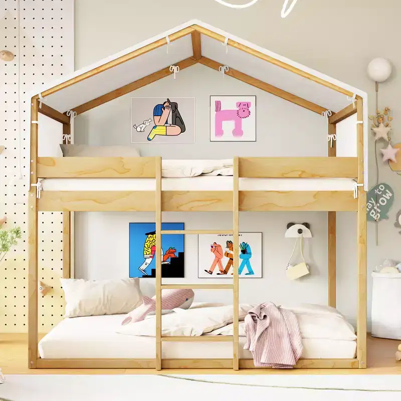 CLIHOME Rustic Twin Over Twin Wood Bunk Bed Frame with Tent and Ladder