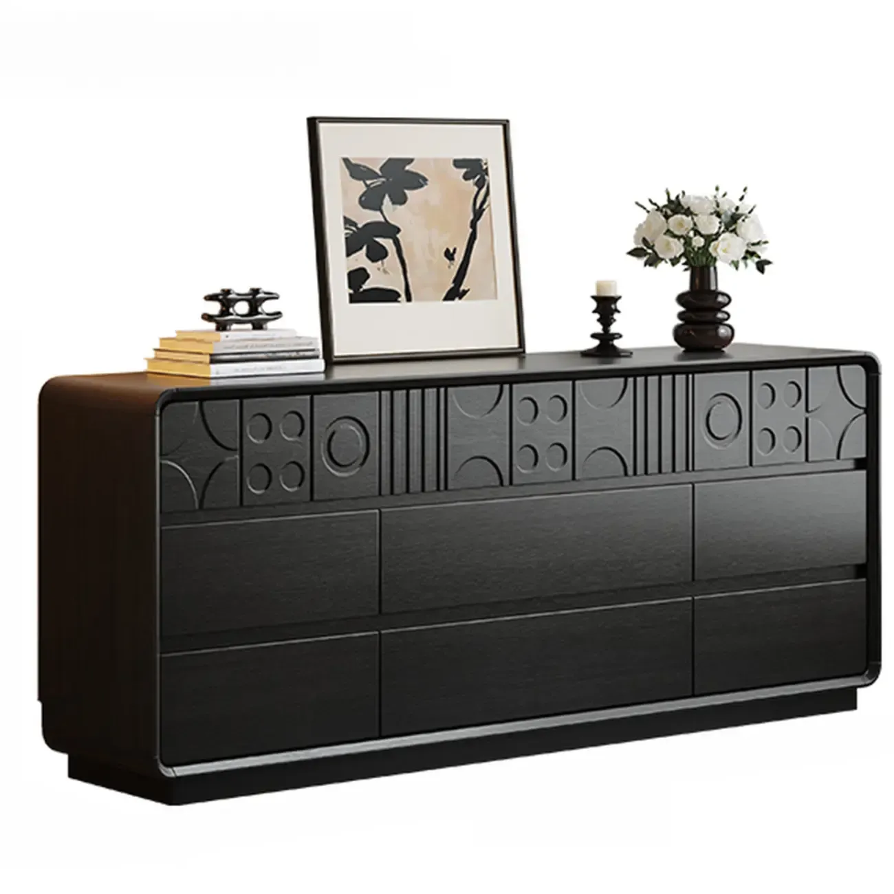 Art Deco Inspired Wood Dresser with Geometric Carvings