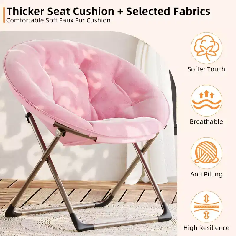 Comfy Saucer Chairs, Folding Reading Lounge Chair, Cozy Faux Fur Living Room Chair with Soft Thick Padded Seat Metal Frame, Modern Style Home