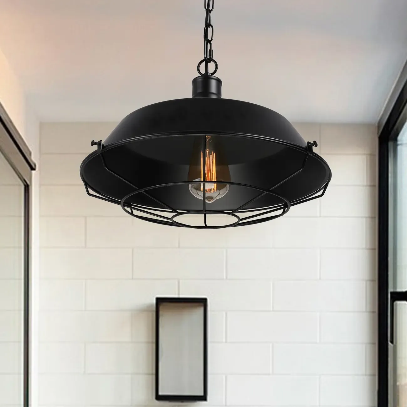 Industrial Black Metal Cap Caged Pendant Light