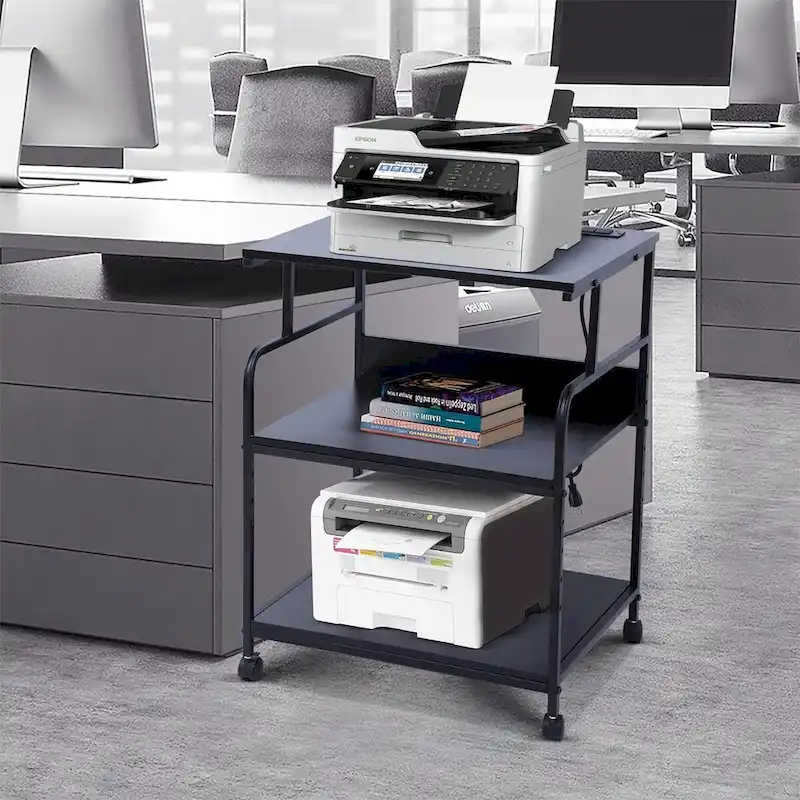 Printer Stand, Mobile Printer Cart, 3-Tier Printer Storage Rack with Charging Station and Roller for Office, Home (Black)
