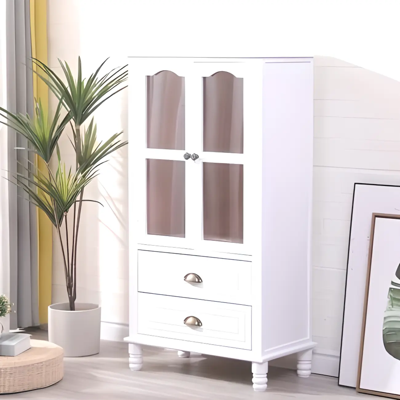 Freestanding Solid Wood White Cabinet with Drawers