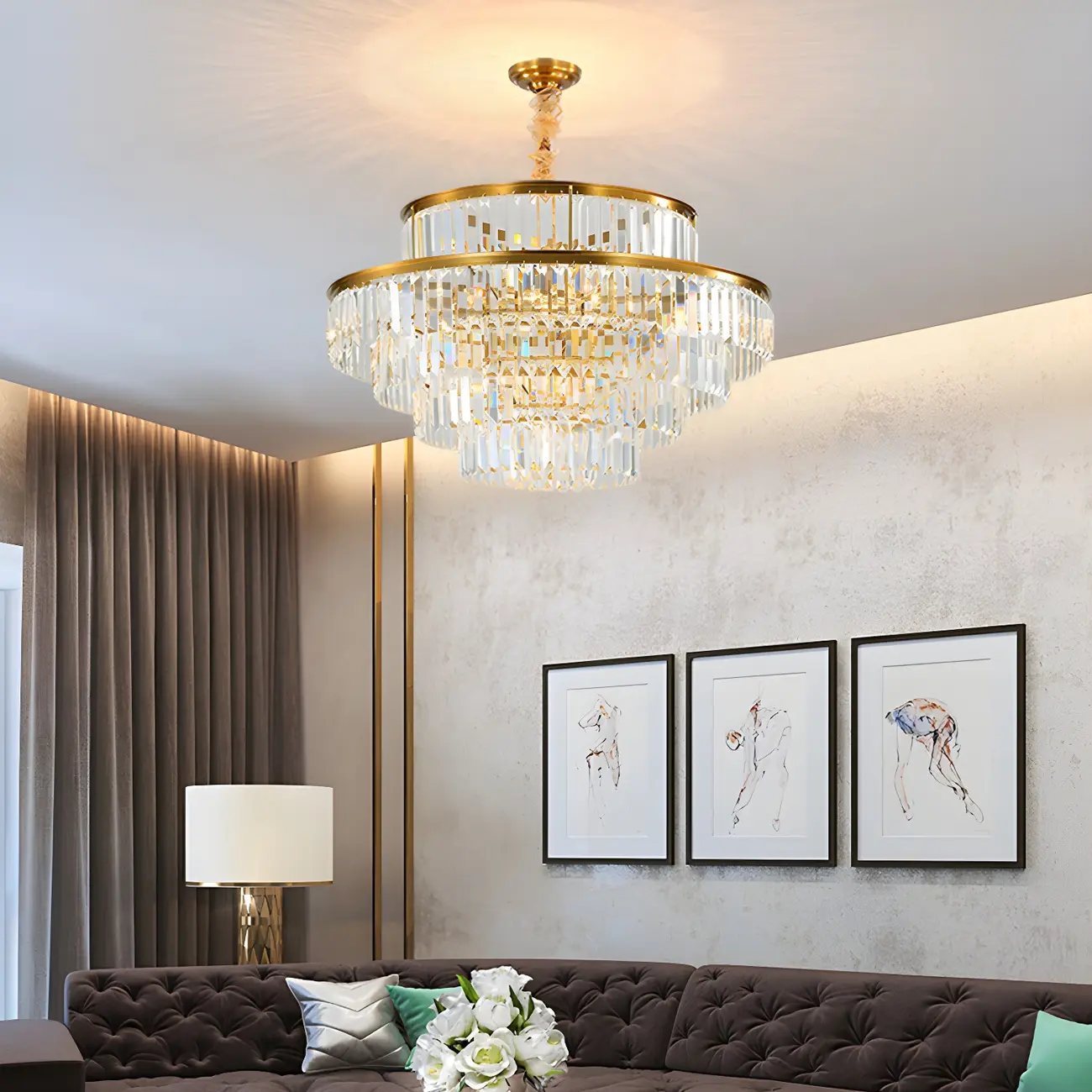 Gold Crystal Cylinder Tier Circle Chandelier