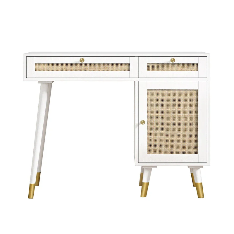 Computer Desk with 2 Drawers Modern Rattan Home Office Desk with File Cabinet