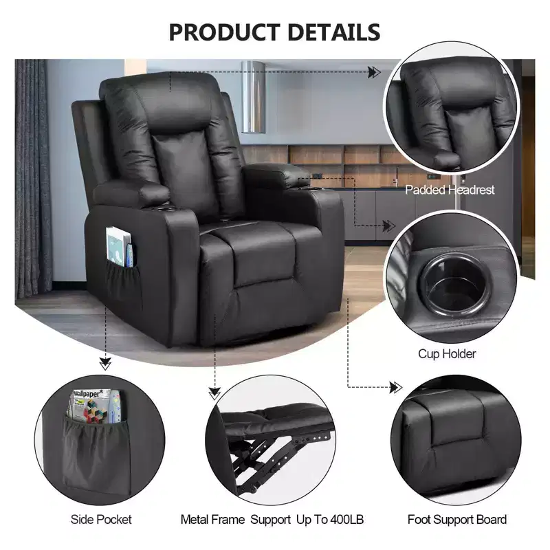 COMHOMA Side Lever Recliner Chair PU Leather Rocking Sofa with Heated Massage Black