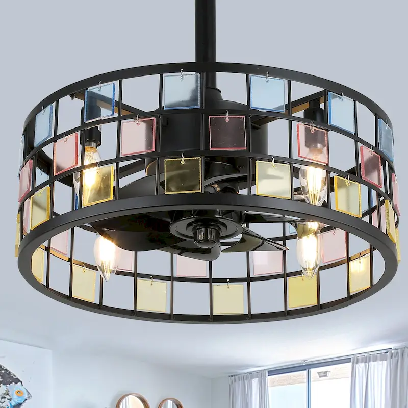 Oaks Aura Coronel 18in. DIY Tiffany Stained Glass Modern Ceiling Fan with Lights, Industrial 3-Speed Caged Ceiling Fan w/Remote
