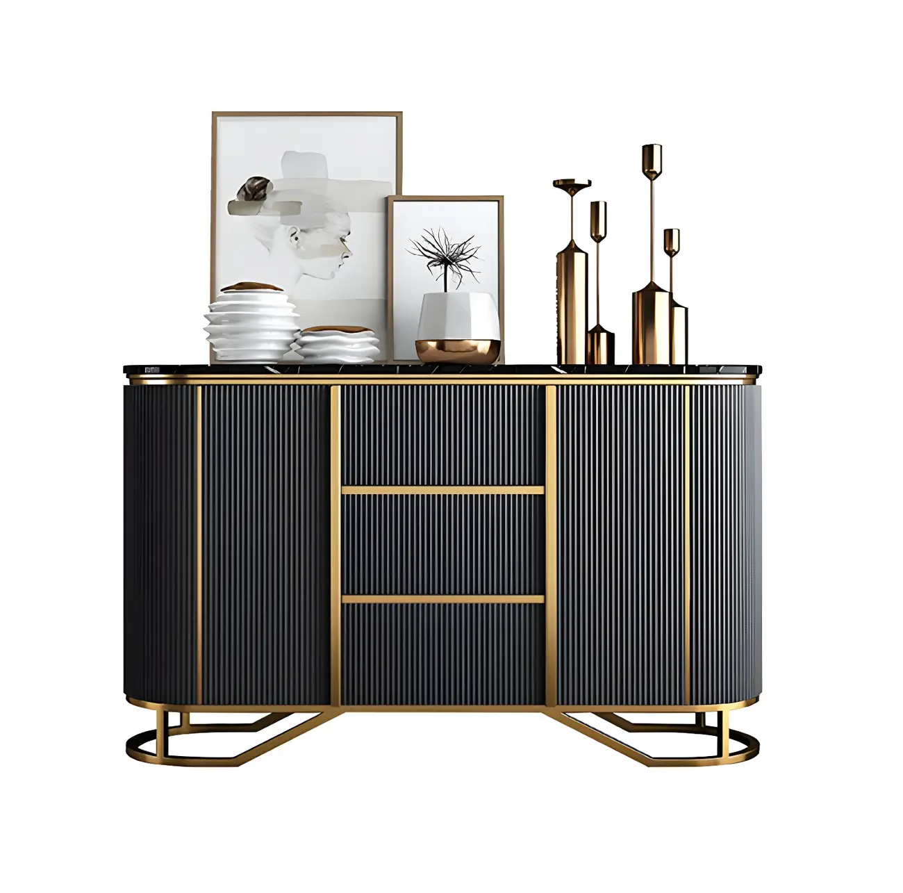 Luxury Curved Wooden Buffet Table with Drawers in Dark Gray