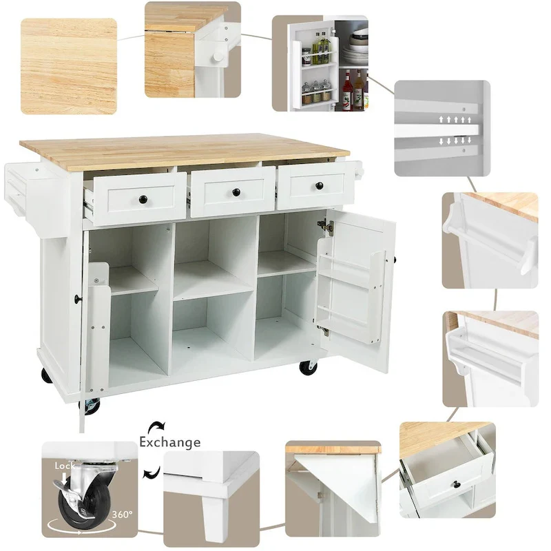 Kitchen Cart With Rubber Wood Drop-Leaf Countertop