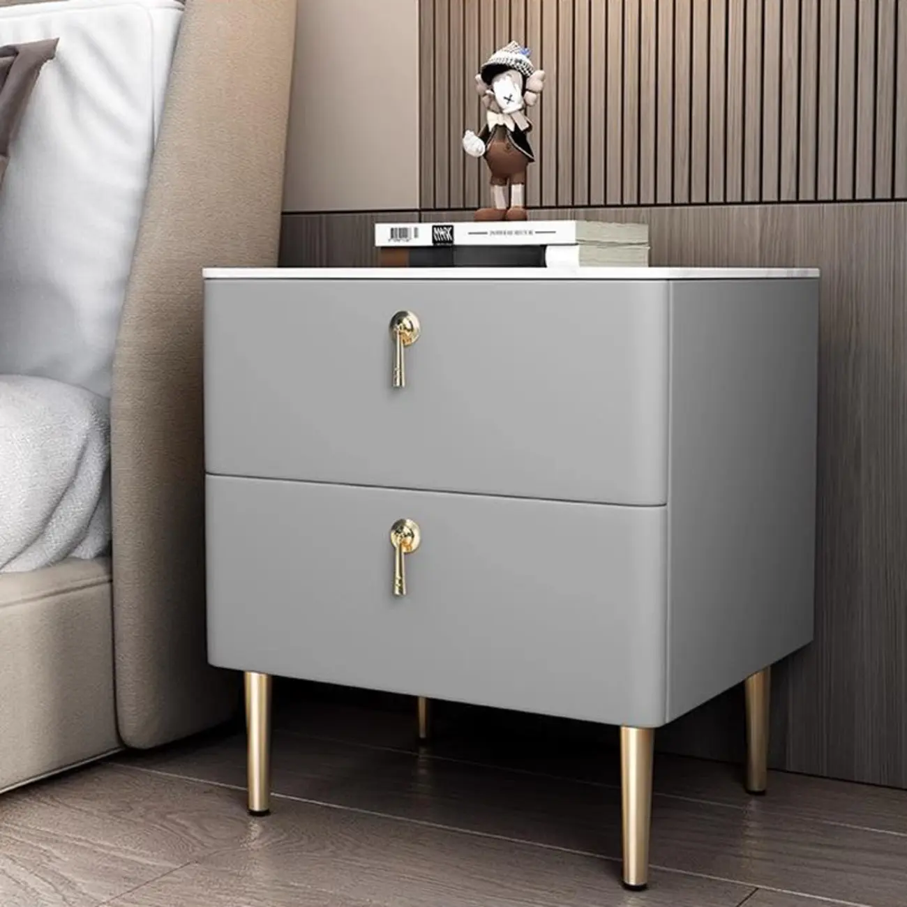 Modern Stone Top Gold Accents Leather 2 Drawer Nightstand