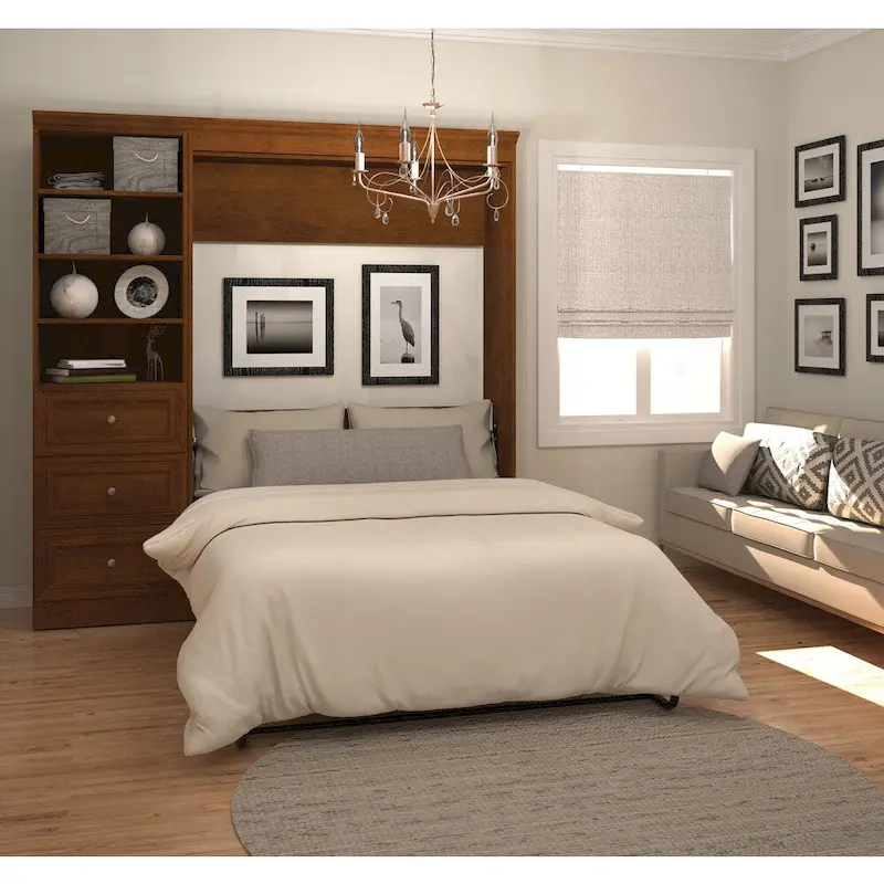 White / Tuscany Brown Full Murphy Bed with Closet Organizer and Drawers (84