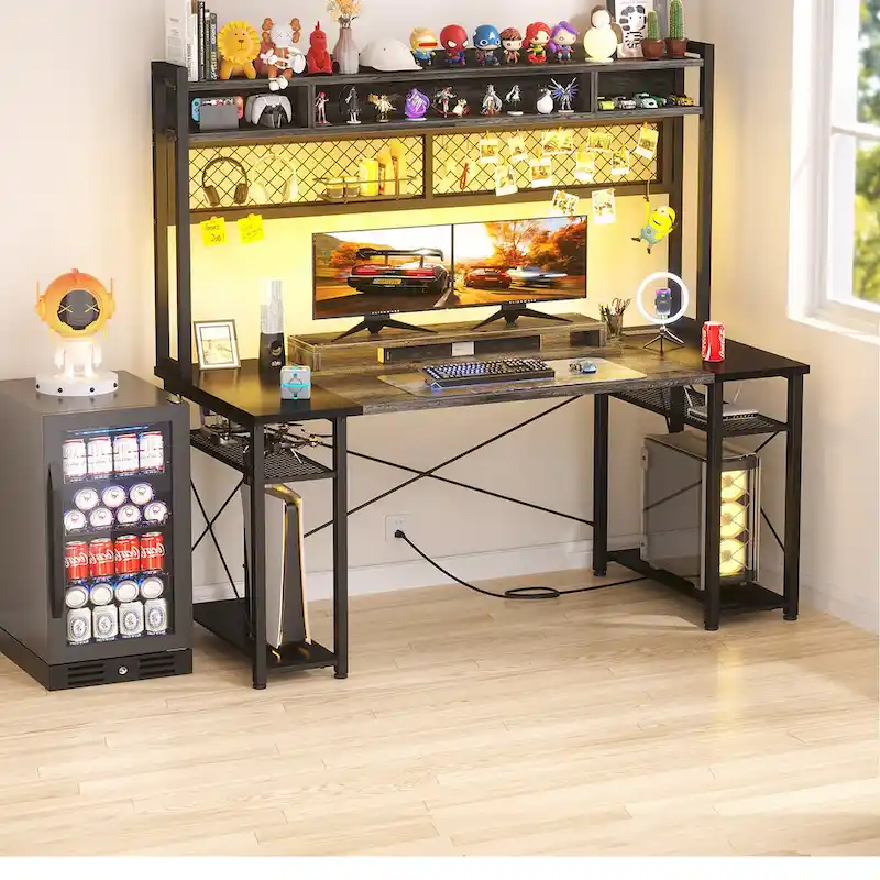 Gaming Deck with Charge Station and LED Light, Computer Table with Hutch and Shelves