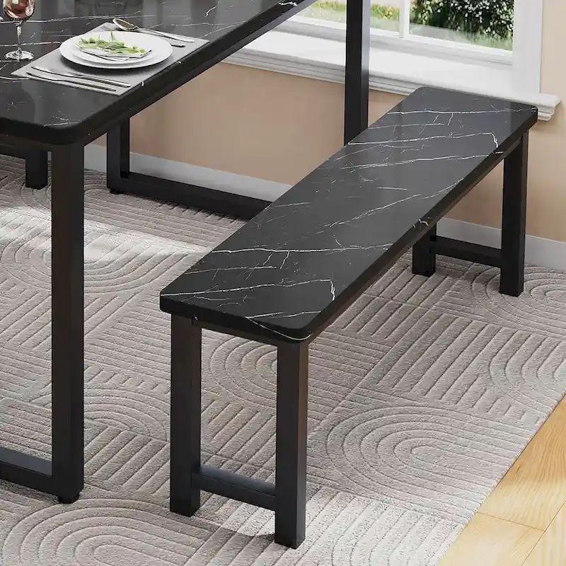 3-Piece Industrial Style Dining Table & Bench, Marble Veneer