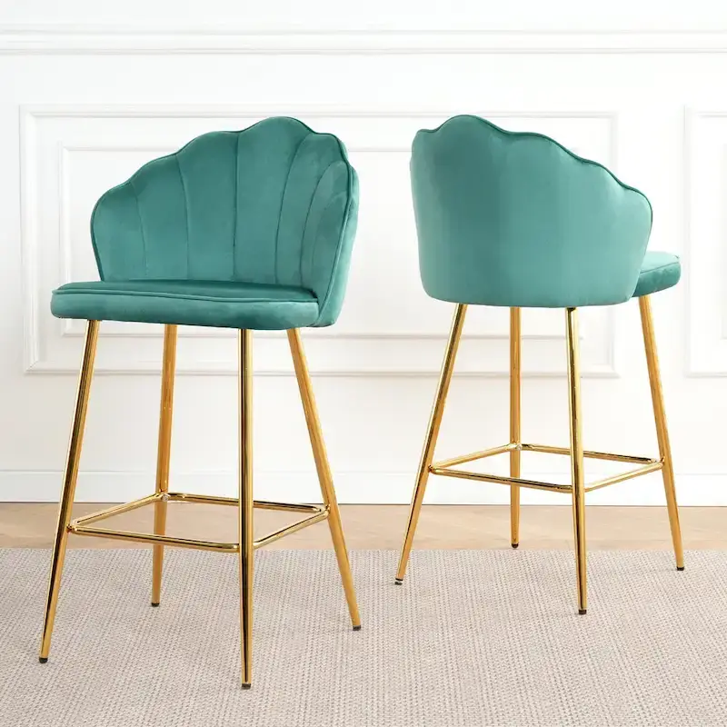 Velvet Shell Bar Stools Set of 2, Counter Height Chairs with Metal Legs, Upholstered Kitchen Island Chairs with Footres