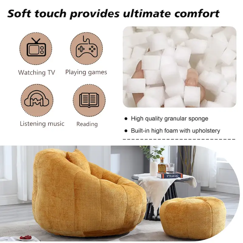 HOMEFUN Chenille Upholstered Round Lazy Cozy Bean Bag Chair with Ottoman and a Pillow